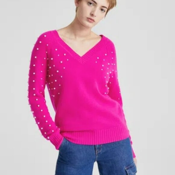 Charter Club Pink Cashmere Sweater Double V-Neck Pearl Embellished Feminine - Picture 10 of 10